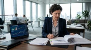 Como o Brasil regula investimentos em criptomoedas em 2026 e o que muda para quem investe 2 Executivo em ambiente corporativo analisando documentos de compliance e regulação financeira em uma mesa organizada, com notebook aberto mostrando dad