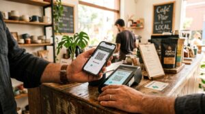 Bacen para quem empreende: o que saber sobre regulação e como isso afeta seu negócio 3 Persona paga con el móvil en un terminal de pago con códigos QR