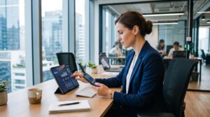 Profissional de negócios utilizando smartphone e tablet para gerenciar finanças em um ambiente de trabalho contemporâneo e organizado, com elementos v