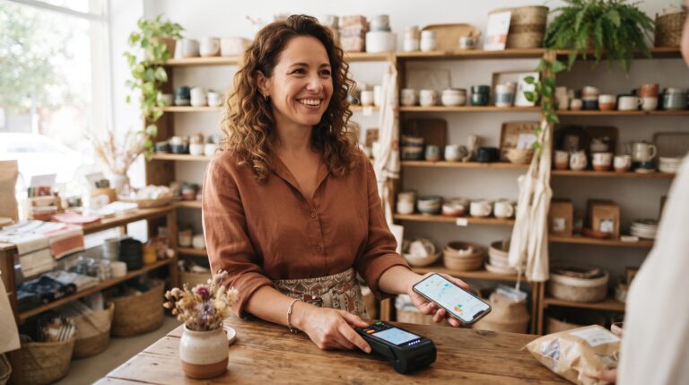 Pessoa empreendedora consultando relatórios de vendas no celular com o app do Mercado Pago aberto