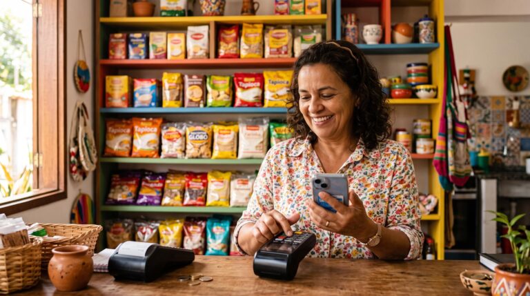 Pessoa consultando novidades de pagamento no celular enquanto organiza produtos em uma pequena loja