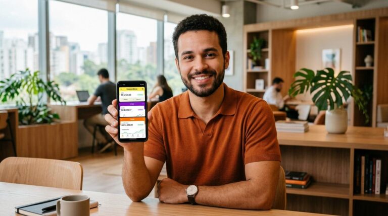 Pessoa consultando informações financeiras em aplicativo de celular com múltiplas contas visíveis na tela