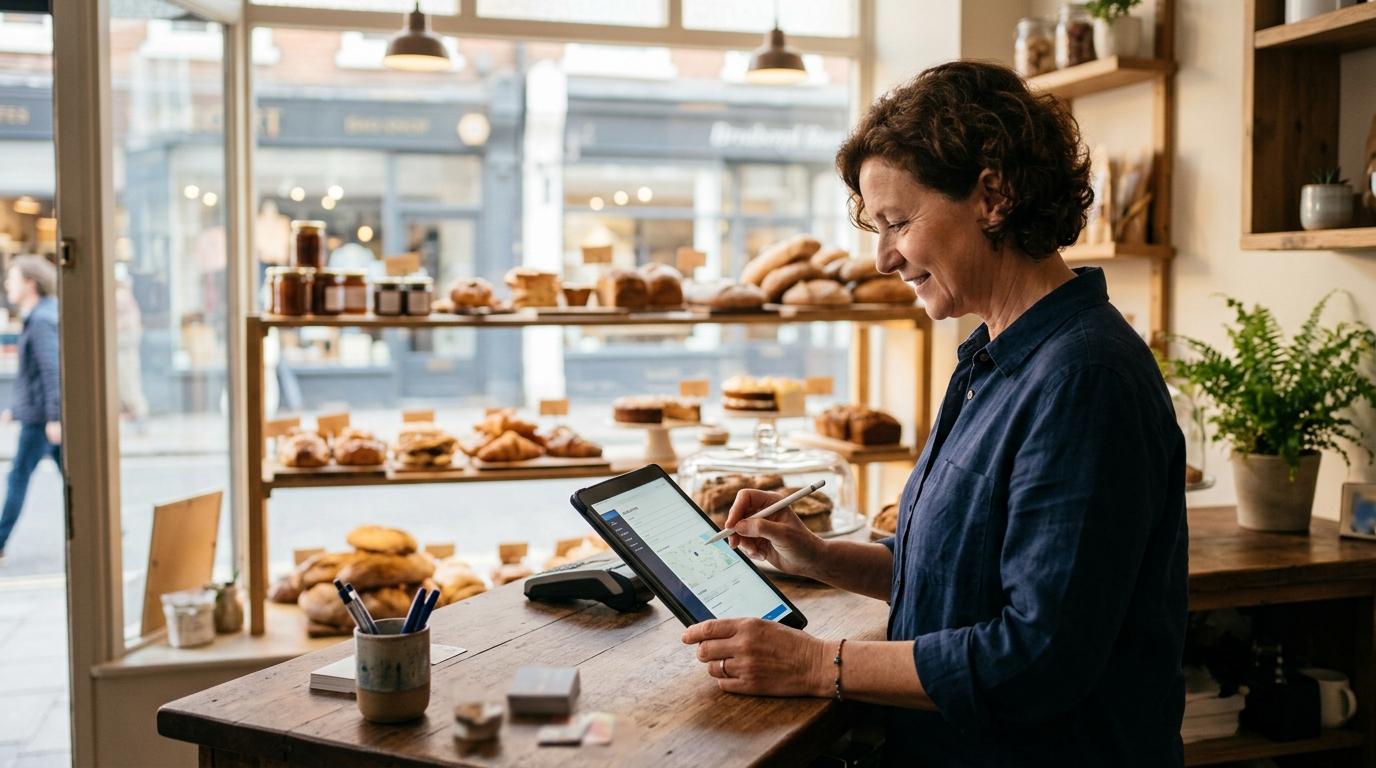 Proprietário de um pequeno negócio preenchendo o perfil de sua empresa no Google em um tablet sobre o balcão da loja, com vitrine ao fundo