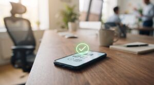 Tendências de pagamento digital no Brasil: o que muda nos próximos anos 3 Um smartphone sobre uma mesa de escritório moderno exibindo notificação de pagamento automático confirmado, com fundo desfocado que sugere um ambiente