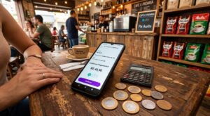 Como aceitar pagamentos de turistas estrangeiros e aumentar as vendas do seu negócio 3 Um smartphone exibe uma tela de pagamento Pix ao lado de uma calculadora e moedas de real, sobre uma mesa de madeira em um estabelecimento comercial a