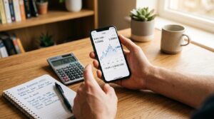 Como comprar dólar ou euro antes de viajar e pagar menos no câmbio 2 Mãos seguram smartphone que exibe gráfico de cotação de moedas estrangeiras, ao lado de calculadora e bloco de notas com anotações de planejamento, am