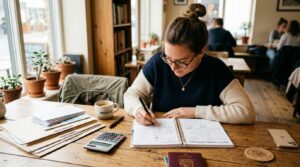 Dicas para economizar em hospedagem e passagens nas suas próximas viagens 2 Pessoa concentrada anotando valores em um planejador de viagem aberto sobre uma mesa de madeira, com calculadora, caneta e documentos organizados ao r