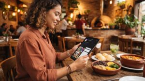 Uma pessoa gerenciando o perfil digital de um restaurante em um tablet, com pratos de comida brasileira saborosos e bem iluminados ao fundo
