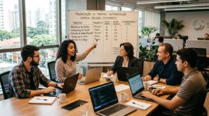 Como automatizar tarefas da sua PME com inteligência artificial em etapas práticas 3 Uma equipe de uma pequena empresa brasileira discute prioridades em volta de uma mesa com notebooks abertos e um quadro branco ao fundo, avaliando qua