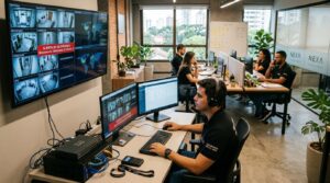  Hombres y mujeres trabajan en una oficina moderna con monitores de seguridad y computadoras
