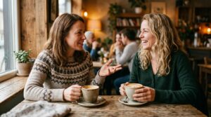 Marketing boca a boca para negócios de serviços: como transformar clientes em promotores 3 Primeiro plano de duas pessoas conversando amigavelmente enquanto tomam café em um ambiente aconchegante, representando a recomendação boca a boca e a