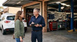 Proprietário de oficina mecânica conversando com um cliente enquanto anota informações em um tablet, ambos em frente à garagem com ferramentas organiz
