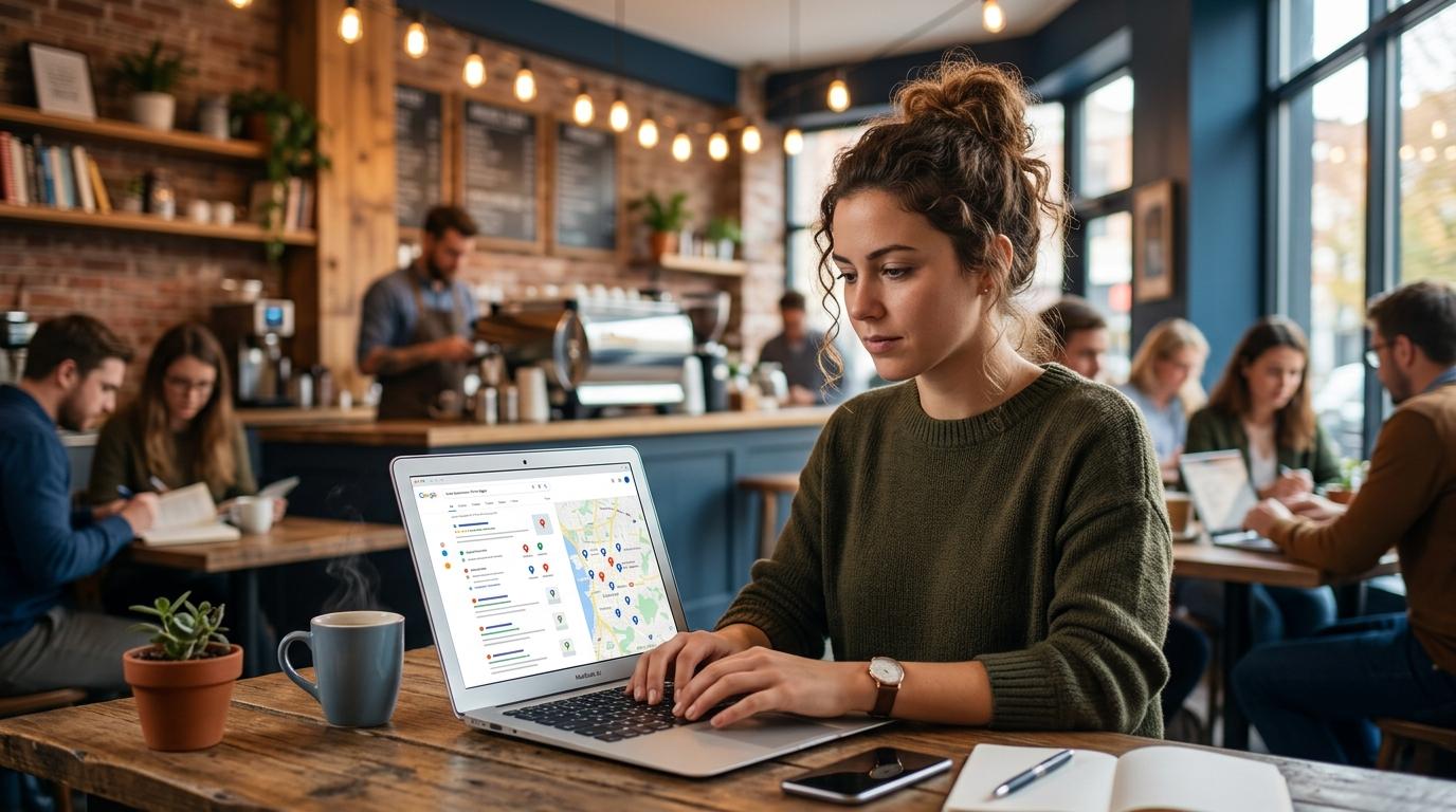 Pessoa sentada em um café moderno digitando no notebook enquanto a tela mostra resultados de busca do Google com empresas da região destacadas