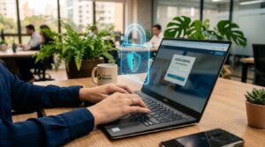Novas regulações de pagamentos digitais para vendedores: o que muda na prática 3 Persona teclea en portátil con icono de candado de ciberseguridad