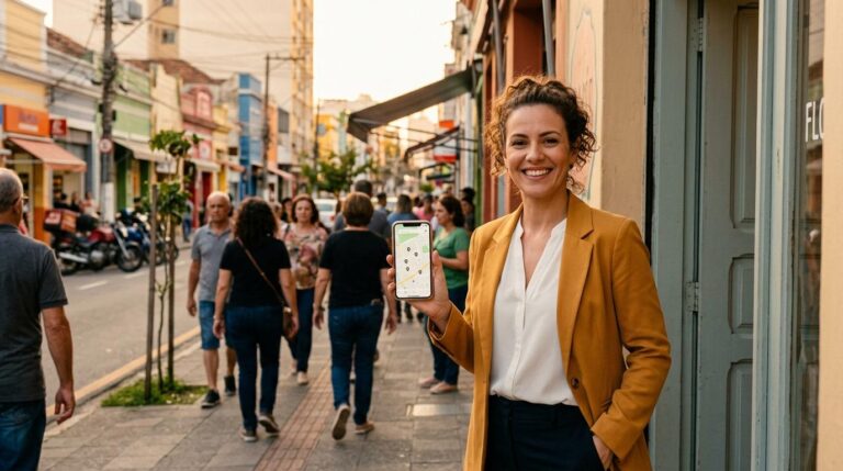 Pessoa segurando celular e pesquisando negócios próximos no Google Maps em uma rua comercial