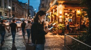 Um cliente pesquisando por restaurantes no celular em uma rua movimentada de uma cidade brasileira, com a fachada de um restaurante charmoso e ilumina