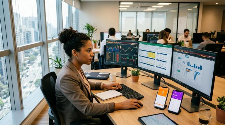 Pessoa empreendedora analisando dados financeiros em um tablet em seu escritório