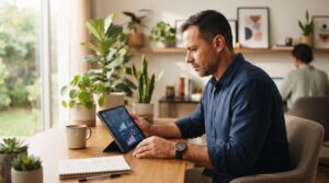 Novas funções do Mercado Pago para administrar seu negócio com mais controle 2 Pequeno empresário concentrado analisando relatórios de vendas e gráficos em um tablet sobre uma mesa de trabalho limpa, com plantas decorativas ao fu