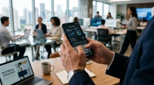 Mãos de uma pessoa empreendedora digitam em um smartphone com uma interface de aplicativo financeiro moderno visível, com fundo desfocado de um ambien

