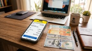 Um celular repousa sobre uma mesa de trabalho organizada, mostrando um aplicativo bancário brasileiro aberto, com notas de dólar e real ao lado, repre
