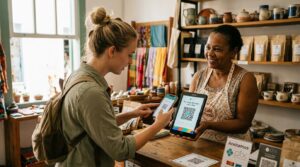 Uma turista estrangeira escaneia um QR Code de Pix em um tablet de um comerciante brasileiro em uma loja acolhedora, ilustrando a modalidade já existe