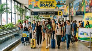 Grupo diversificado de turistas internacionais chegando ao Brasil em um aeroporto, com bagagens e expressões de entusiasmo, ambiente iluminado e acolh
