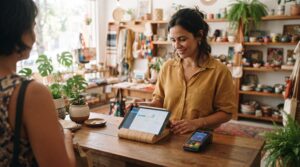 Novas regulações de pagamentos digitais para vendedores: o que muda na prática 2 Dependienta sonriente muestra una tableta a una clienta en una tienda